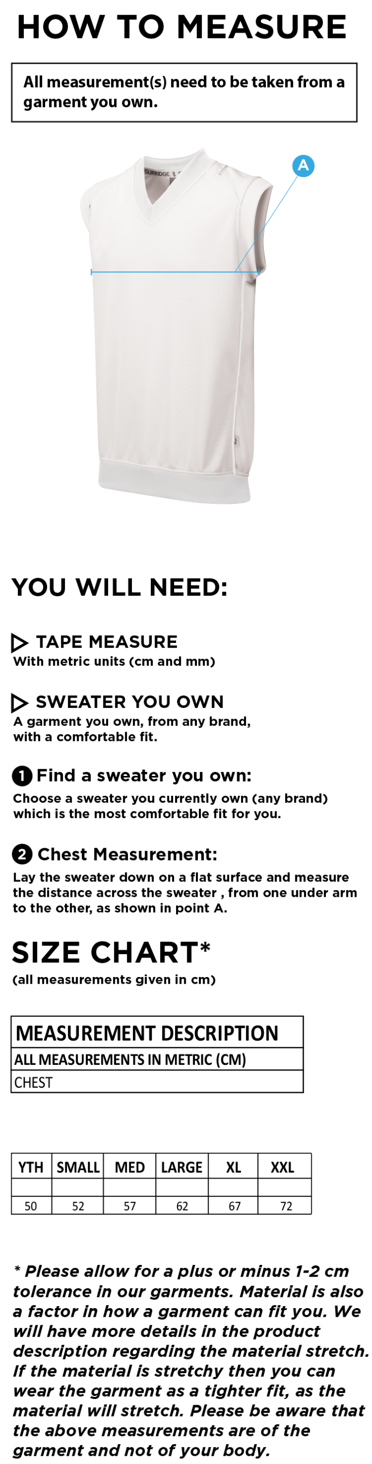 Colton Cricket Club Curve Sleeveless Sweater - Size Guide