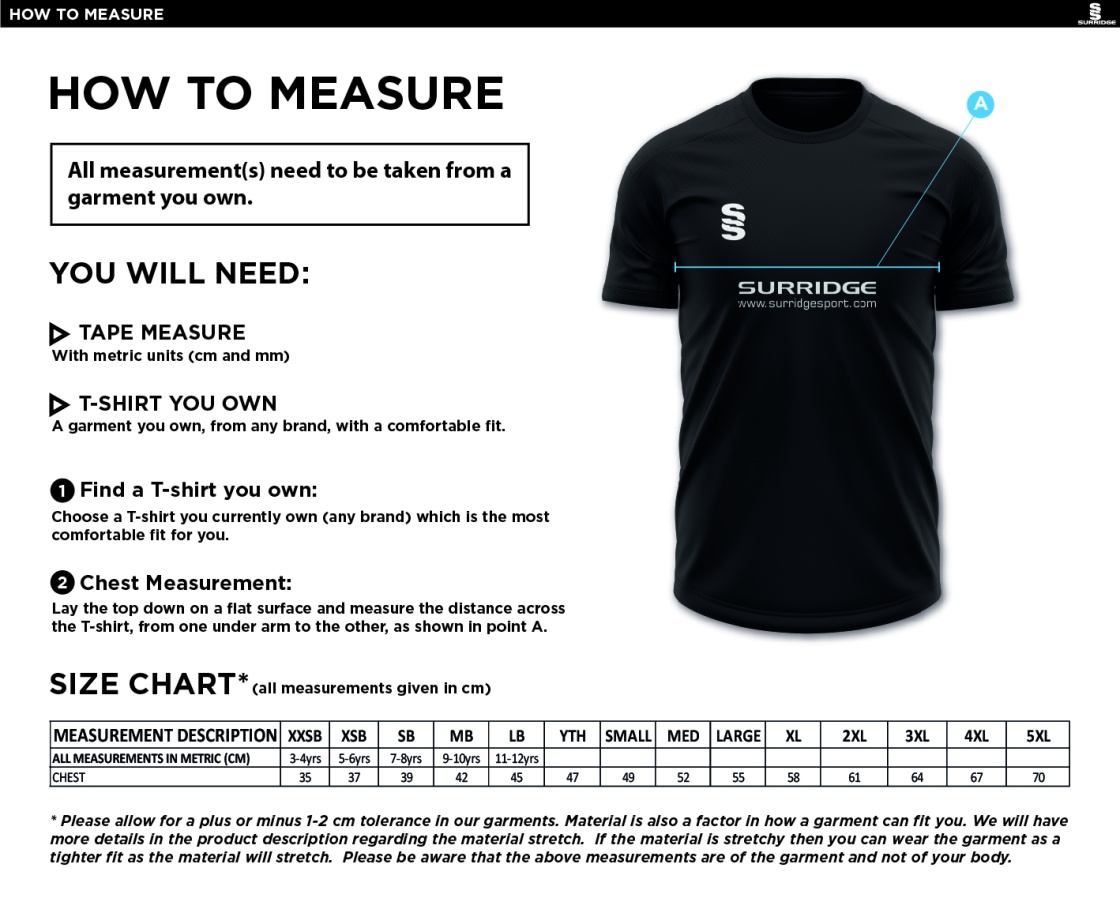 Colton CC - Girls Team - Shirt - Size Guide