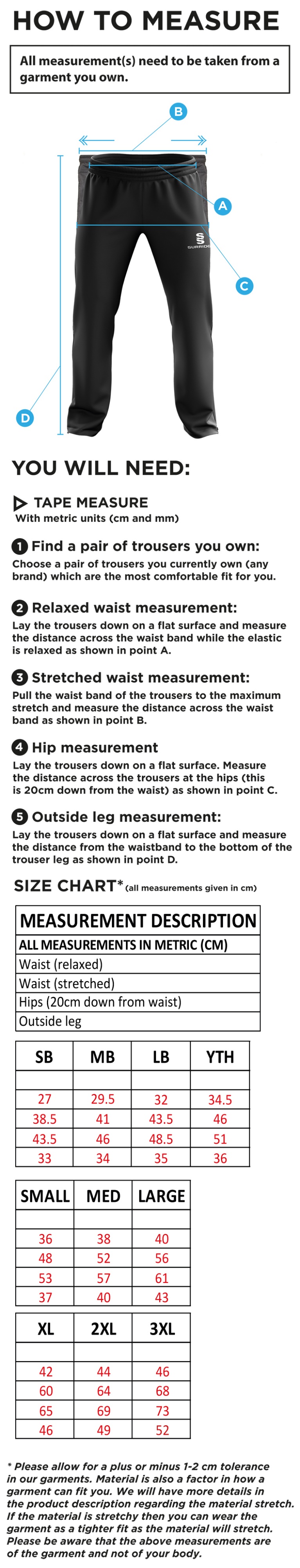 Colton CC - Ripstop Track Pant - Size Guide