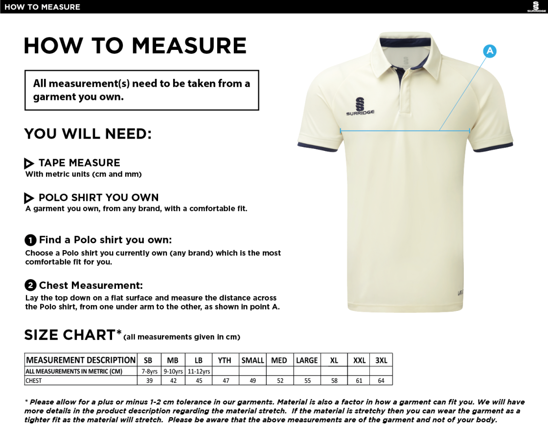 Colton CC - Ergo Short Sleeve Playing Shirt centenary logo - Size Guide