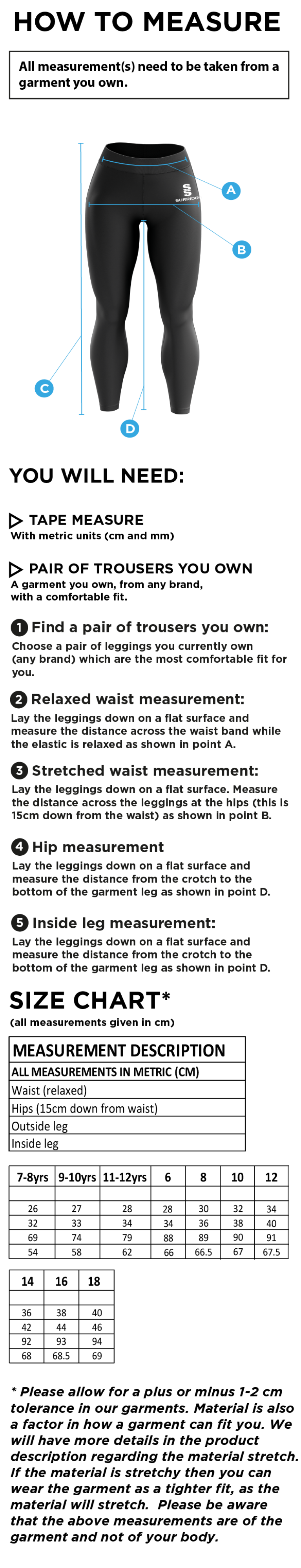 Women's Performance Full Length Leggings : Navy - Size Guide