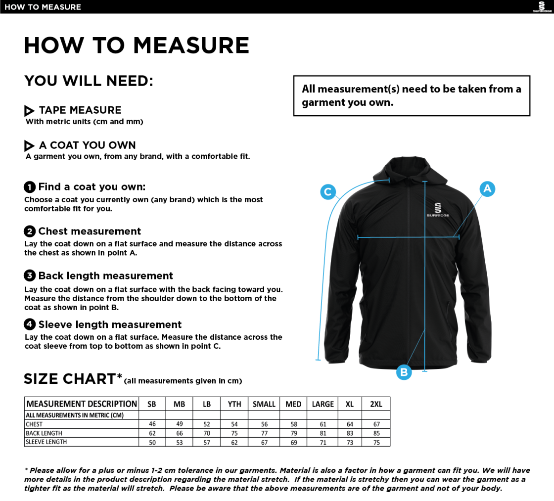 Colton CC - 1/4 Zip Training Jacket - Unisex - Size Guide