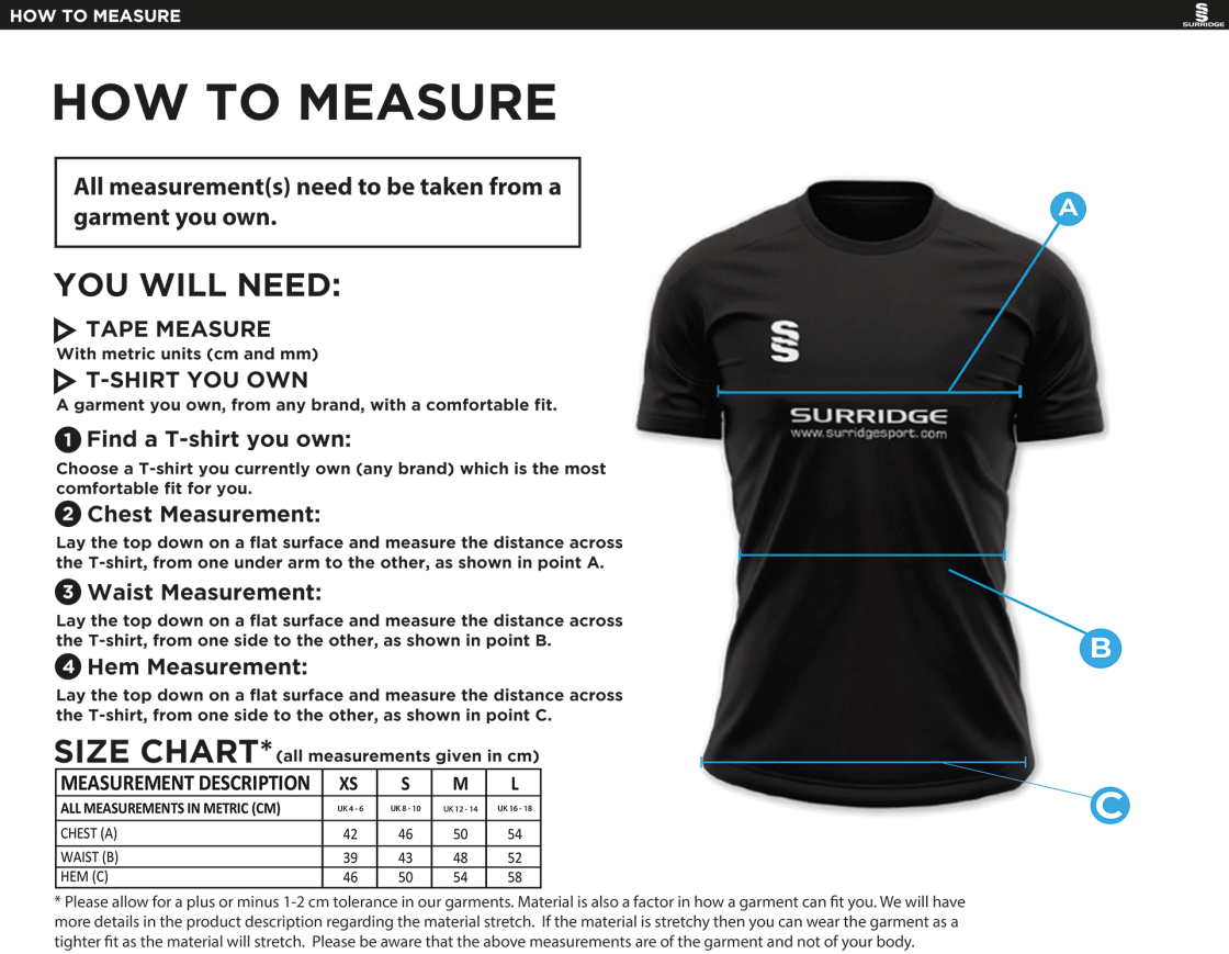 Colton CC - Women's - Dual Games Shirt - Size Guide