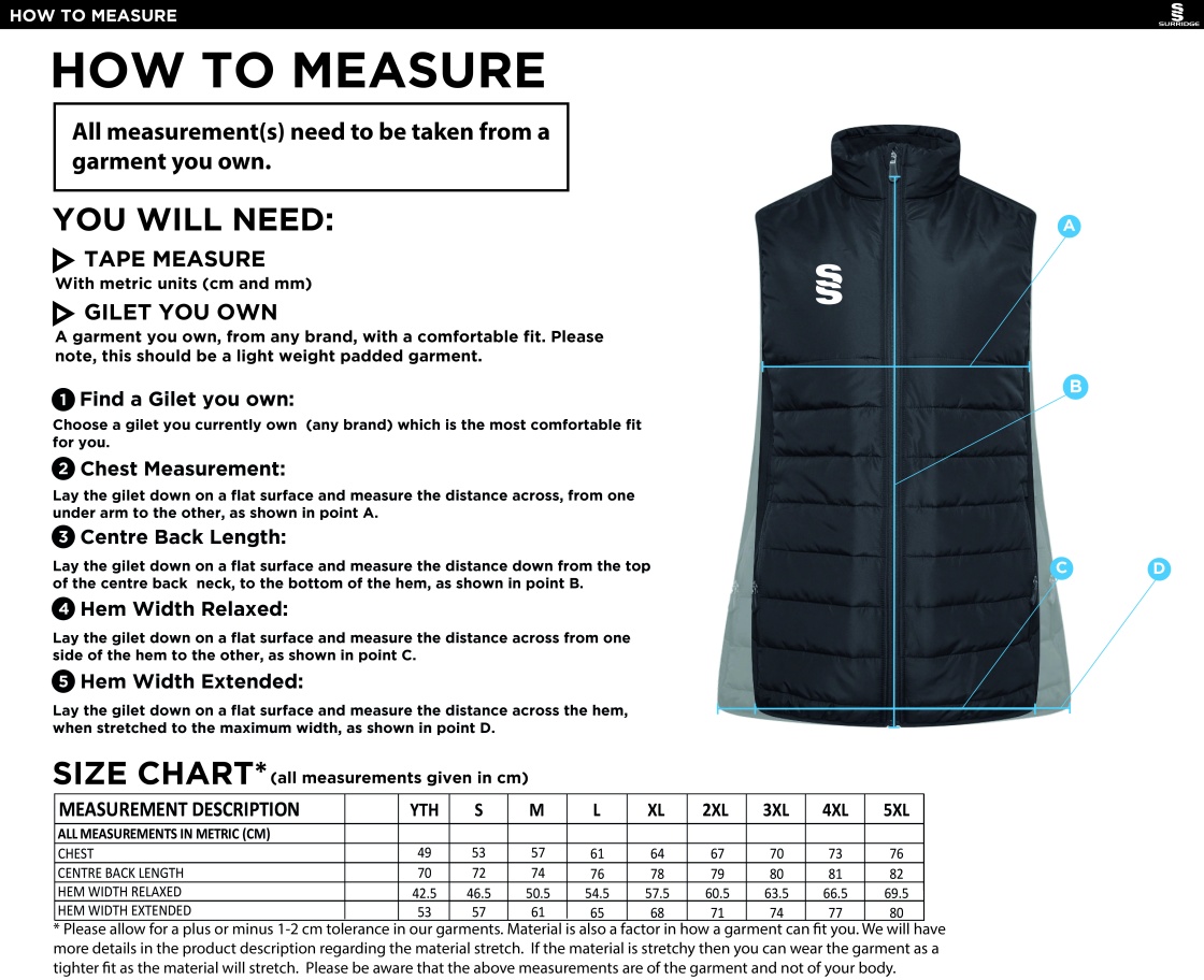 Colton CC - Padded Bodywarmer - Unisex - Size Guide