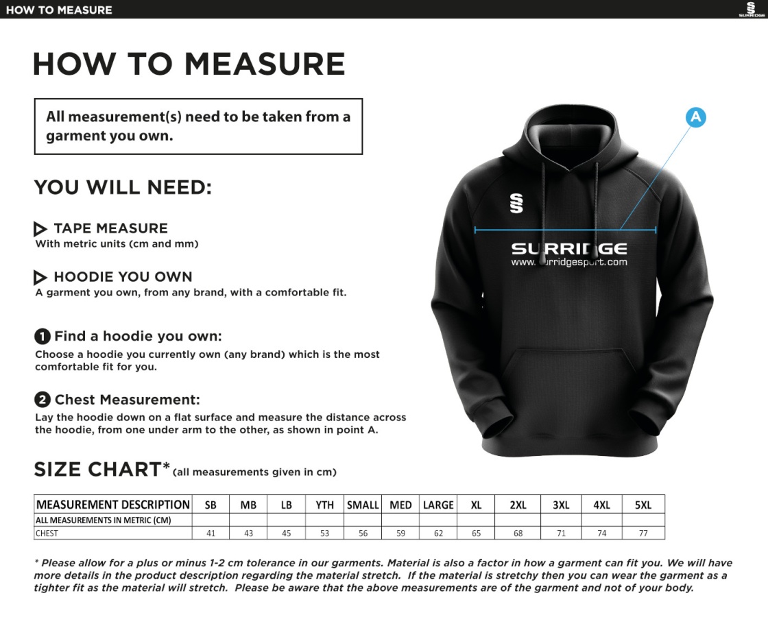 Colton CC - Women's Team - Hoody - Size Guide