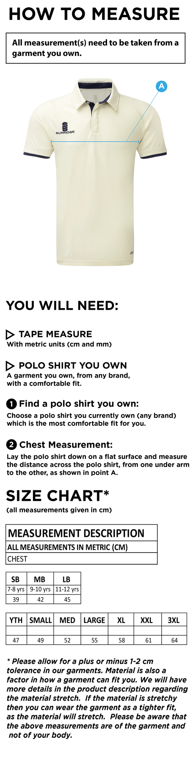 Colton CC - Ergo Short Sleeve Playing Shirt - Size Guide
