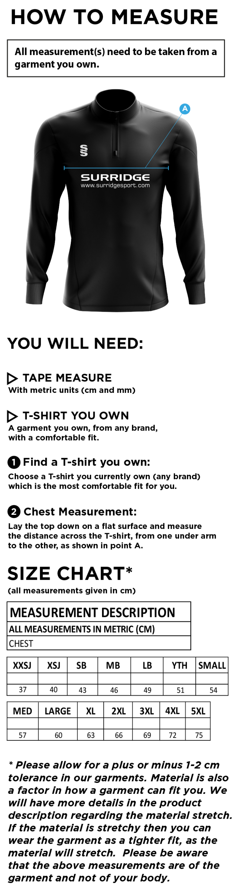 Colton CC - Women's Team - Performance Top - Size Guide