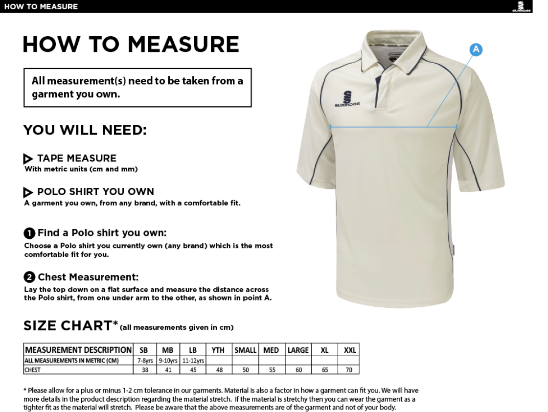 Colton Cricket Club - Dual Premier Short Sleeve Shirt - Size Guide