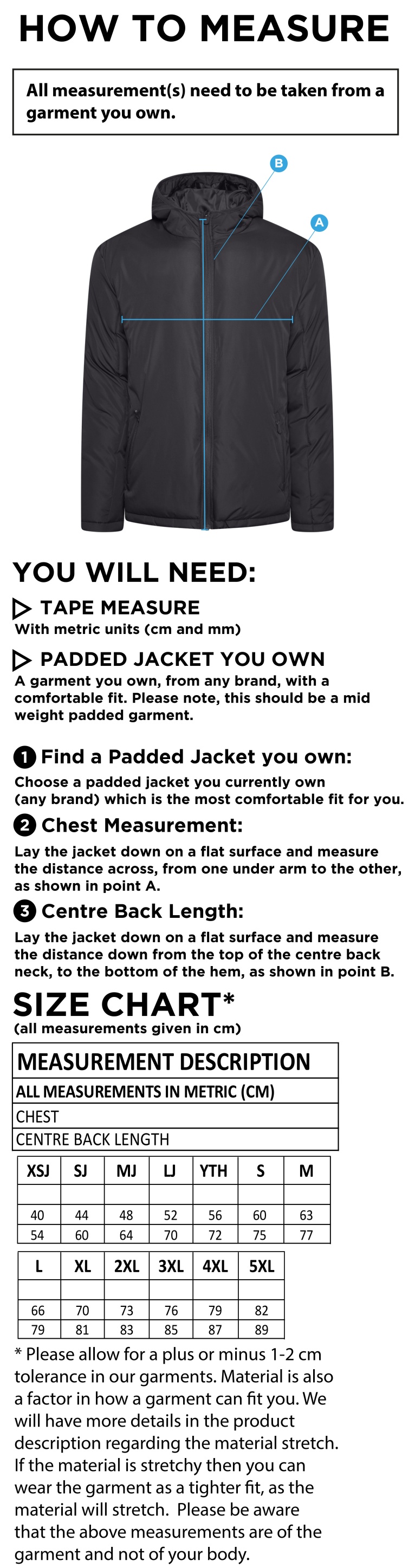 Active Padded Jacket Navy - Size Guide
