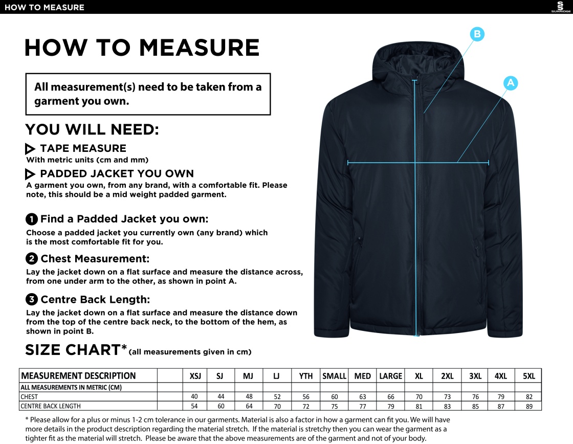 Active Padded Jacket Navy - Size Guide