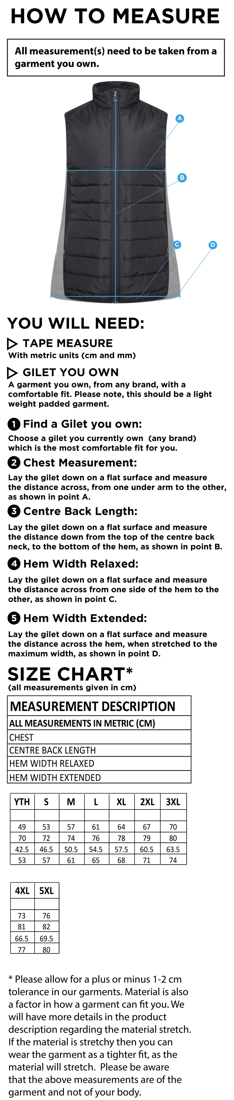 Colton CC - Padded Bodywarmer - Unisex - Size Guide