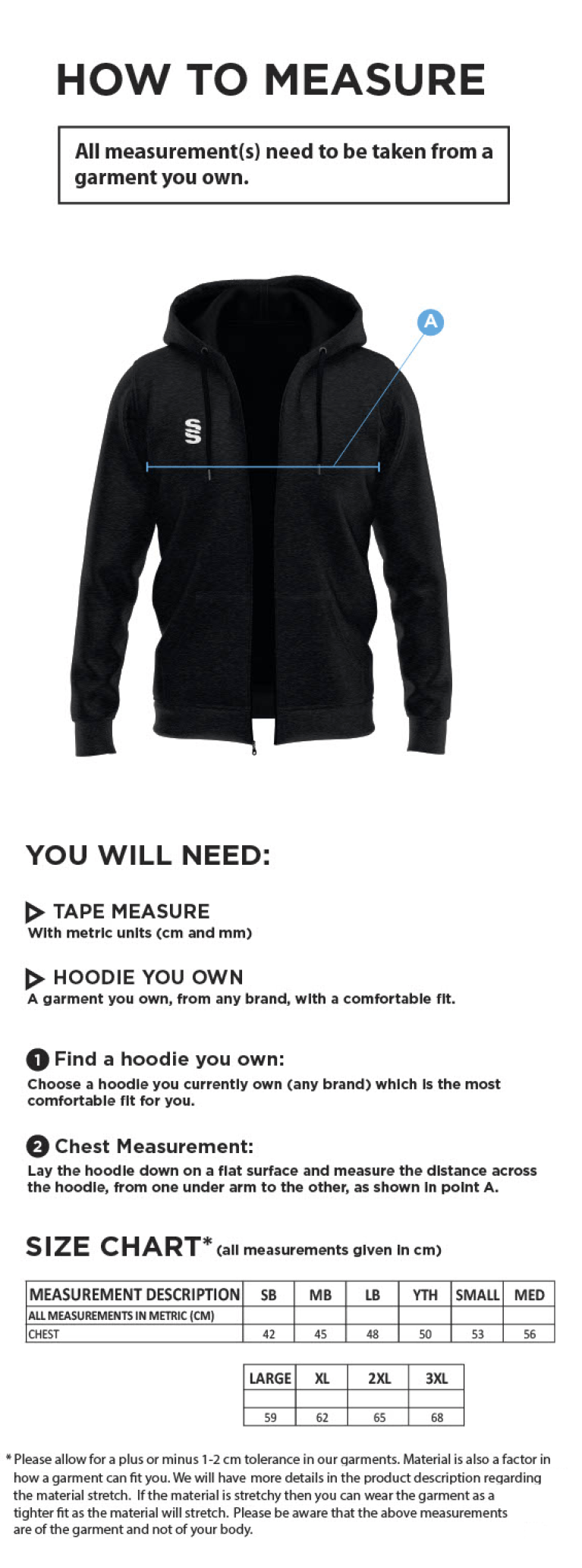 Colton CC - Dual Bonded Full Zip Hoody - Size Guide