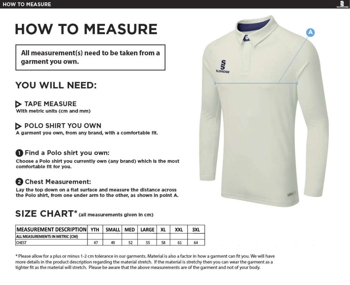 Colton Cricket Club Ergo Long Sleeve Playing Shirt Centenary Crest - Size Guide