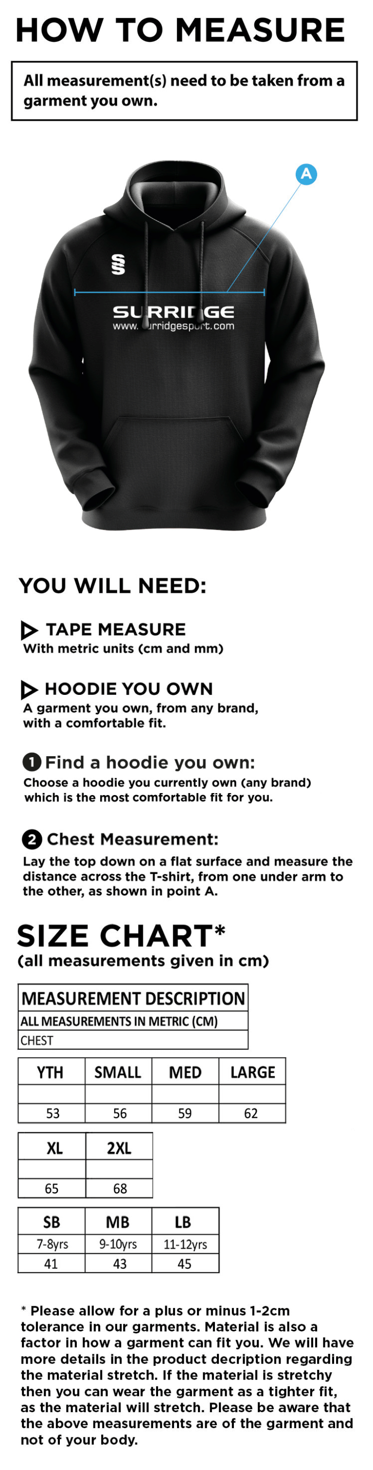 Colton CC - Blade Hoody - Unisex - Size Guide