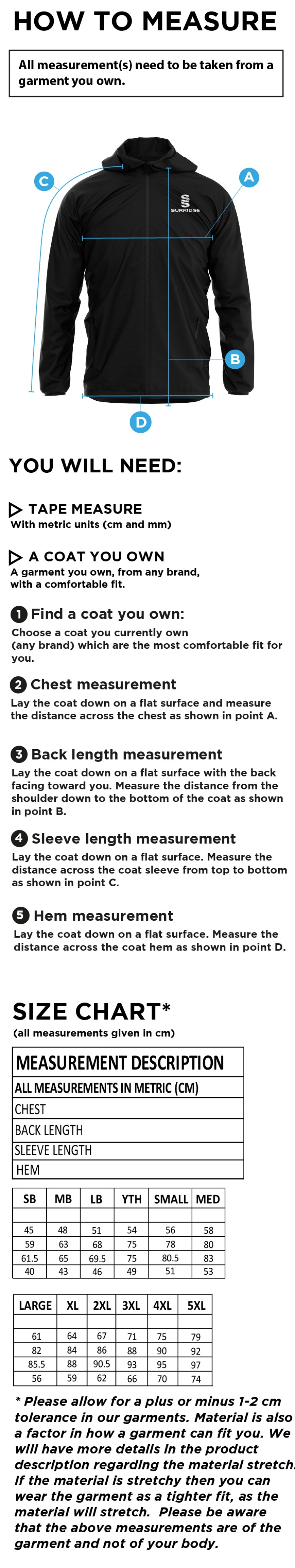 Colton CC - Lightweight Full Zip Training Jacket - Unisex - Size Guide