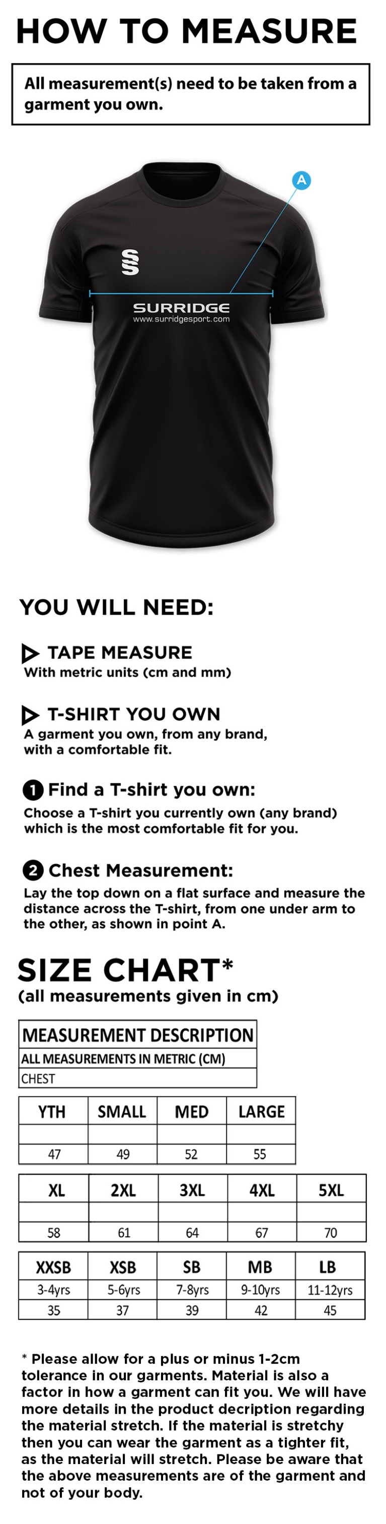 Colton CC - Girls Team - Shirt - Size Guide