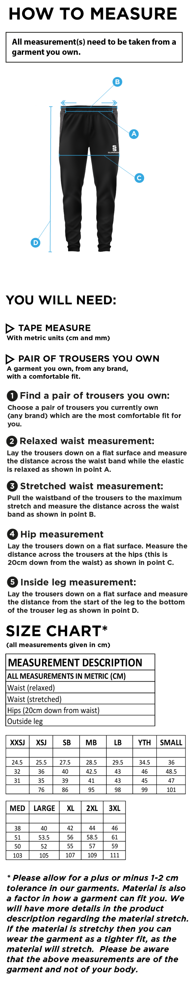 Colton CC - Slim Training Pants - Unisex - Size Guide