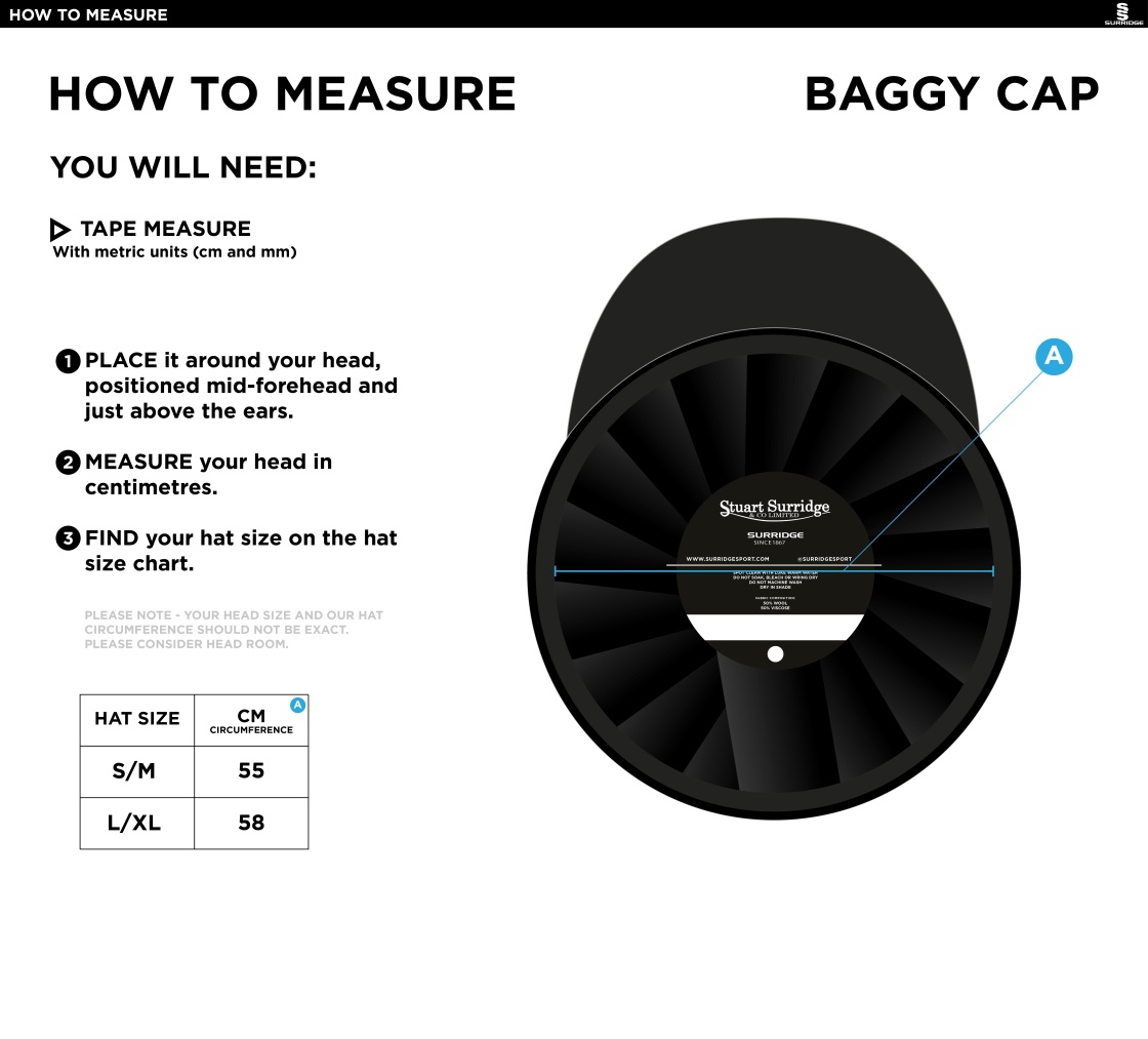 COLTON CC - Baggy Cricket Cap - Size Guide