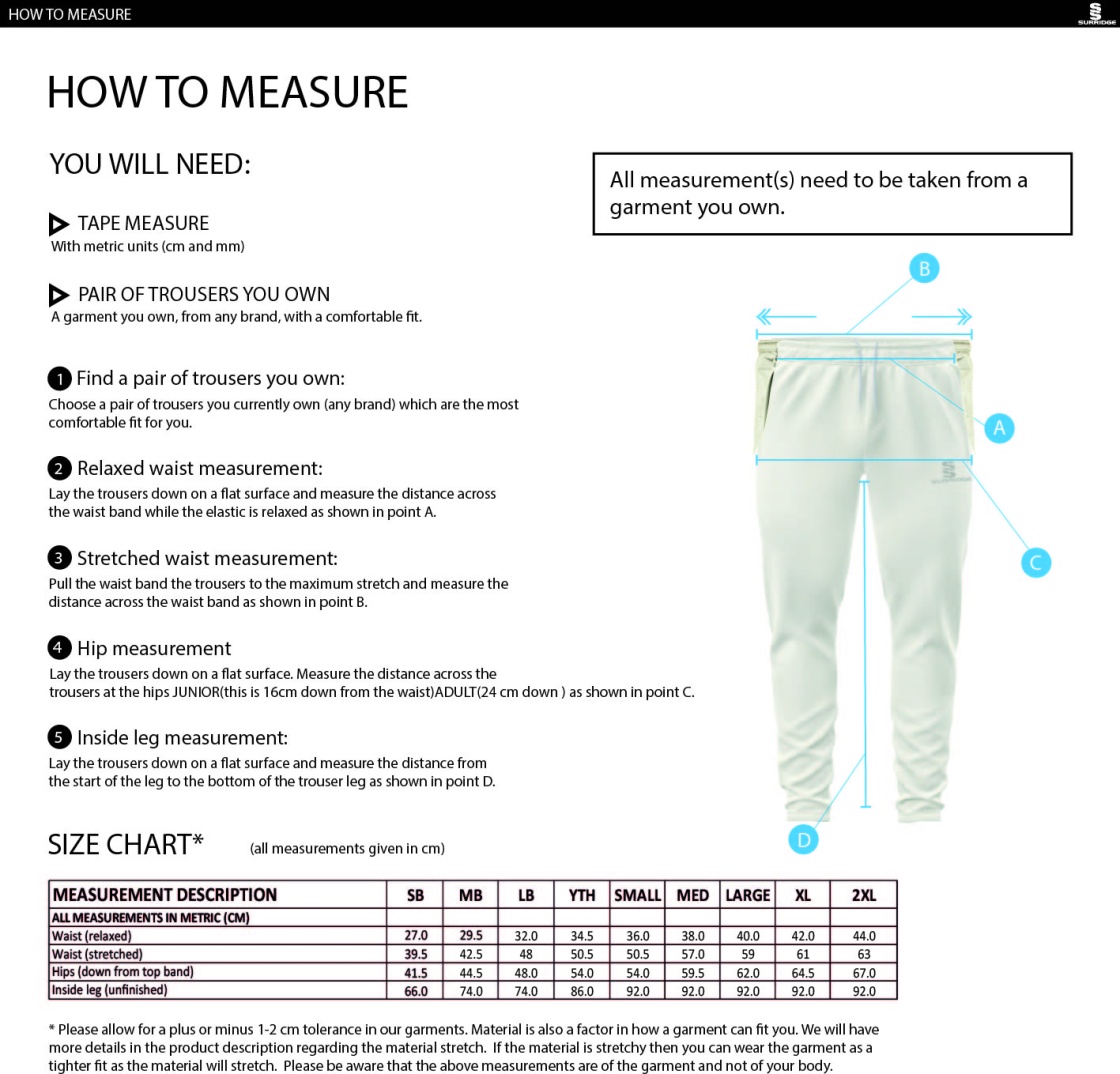 Colton Cricket Club Tapered Fit Cricket Trousers - Size Guide