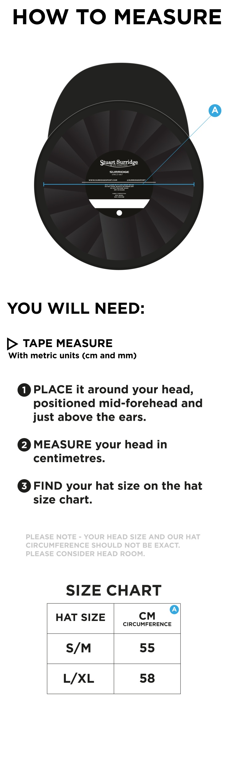 COLTON CC - Baggy Cricket Cap - Size Guide