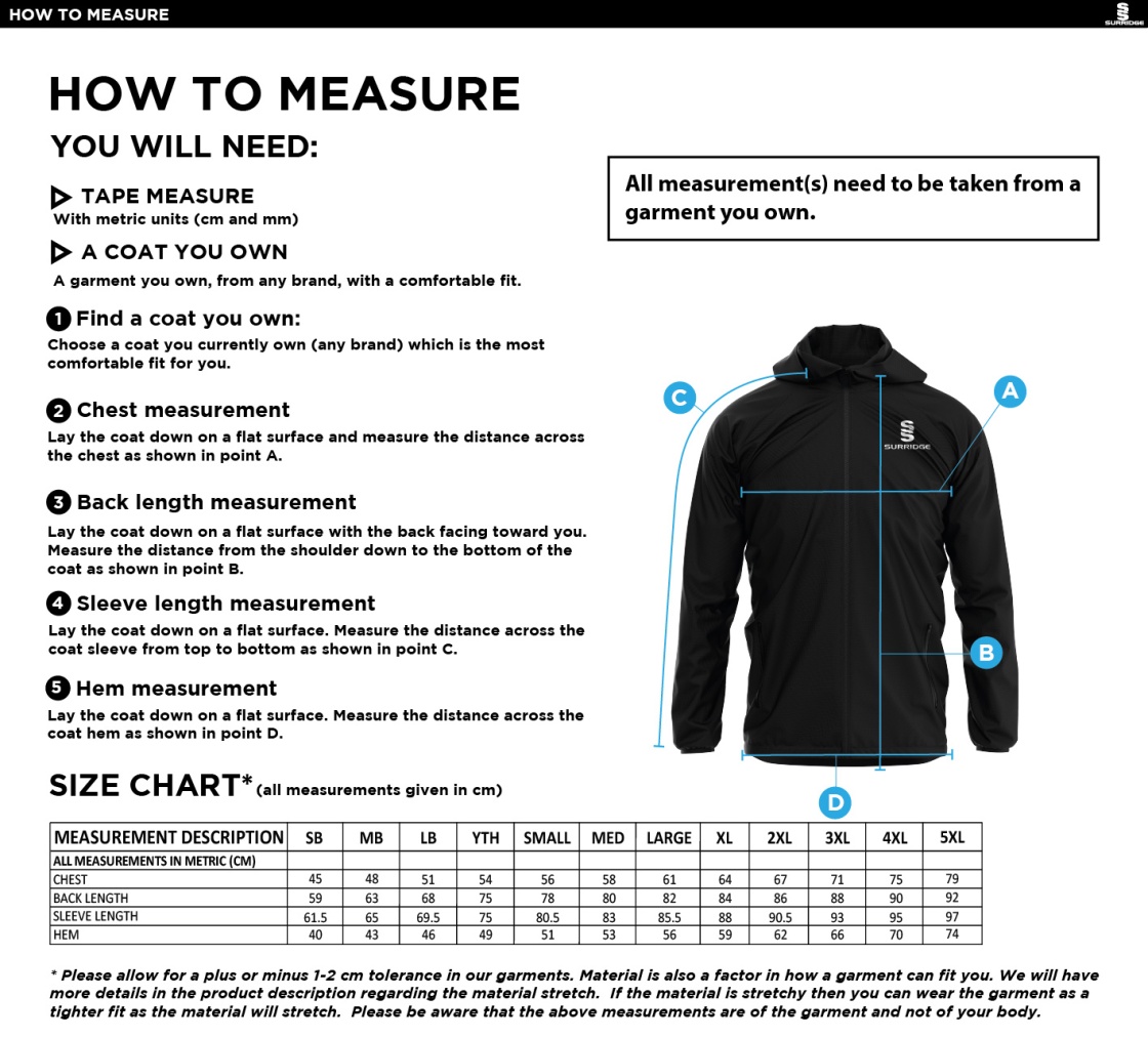 Colton CC - Lightweight Full Zip Training Jacket - Unisex - Size Guide
