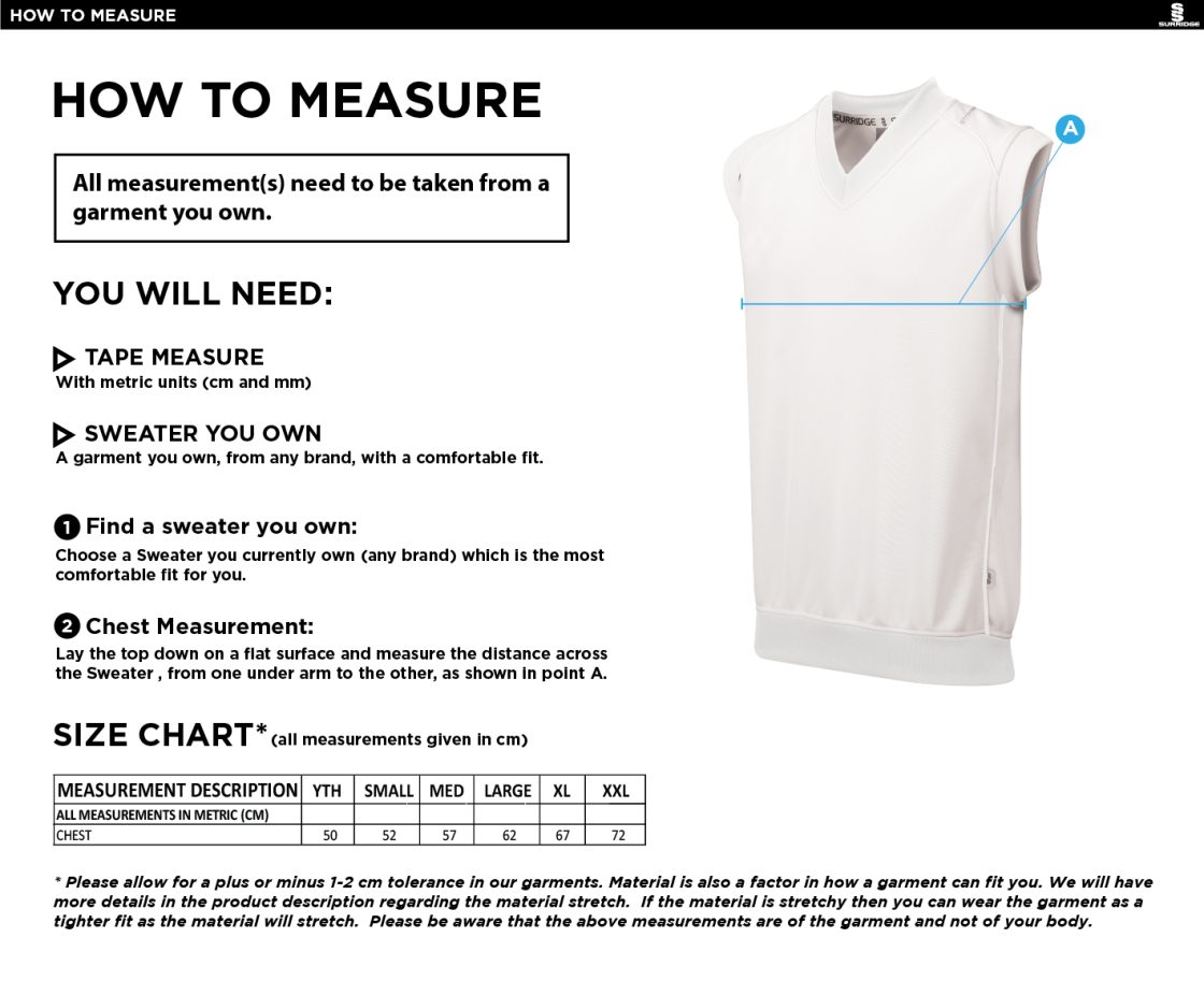 Colton Cricket Club Curve Sleeveless Sweater - Size Guide