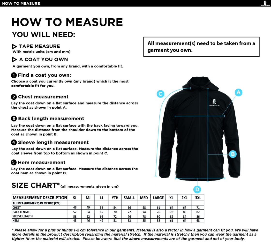 Colton CC - 1/4 Zip Training Jacket - Unisex - Size Guide