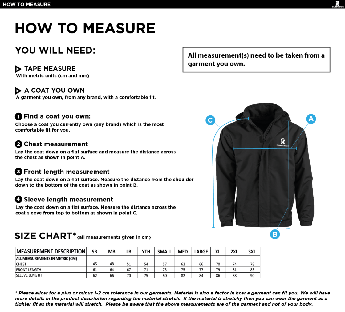 Colton CC - Fleeced Line Jacket - Size Guide