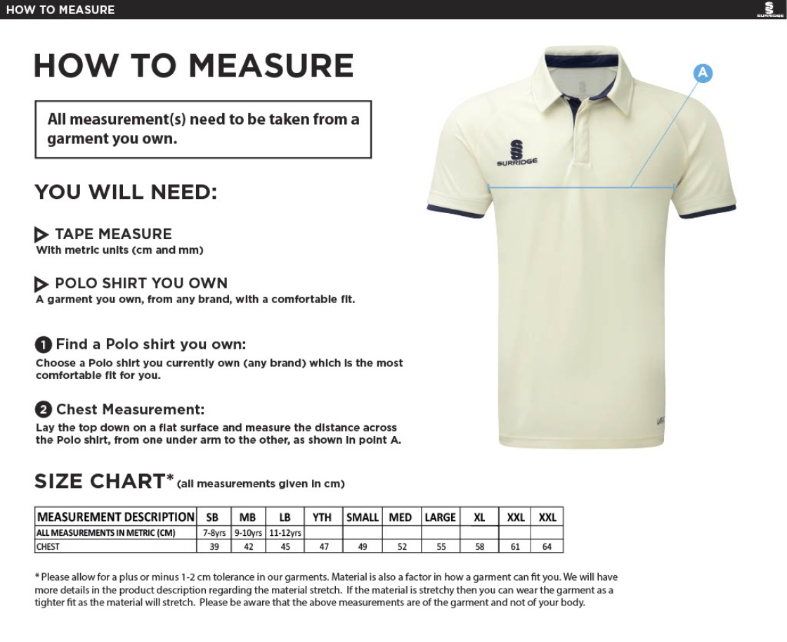 Colton Cricket Club - Fuse Short Sleeve Playing Shirt - Size Guide