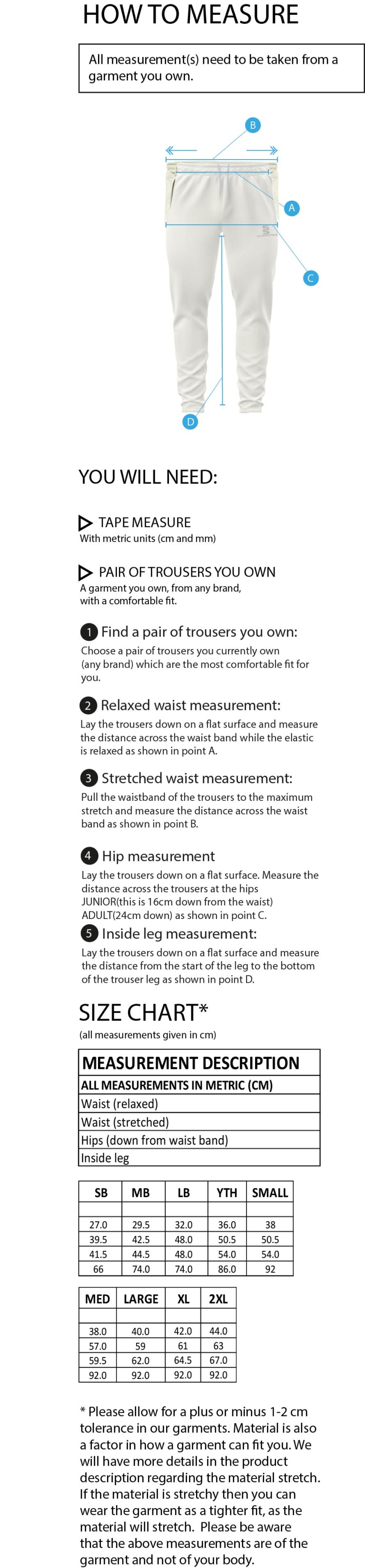 Colton Cricket Club Tapered Fit Cricket Trousers - Size Guide