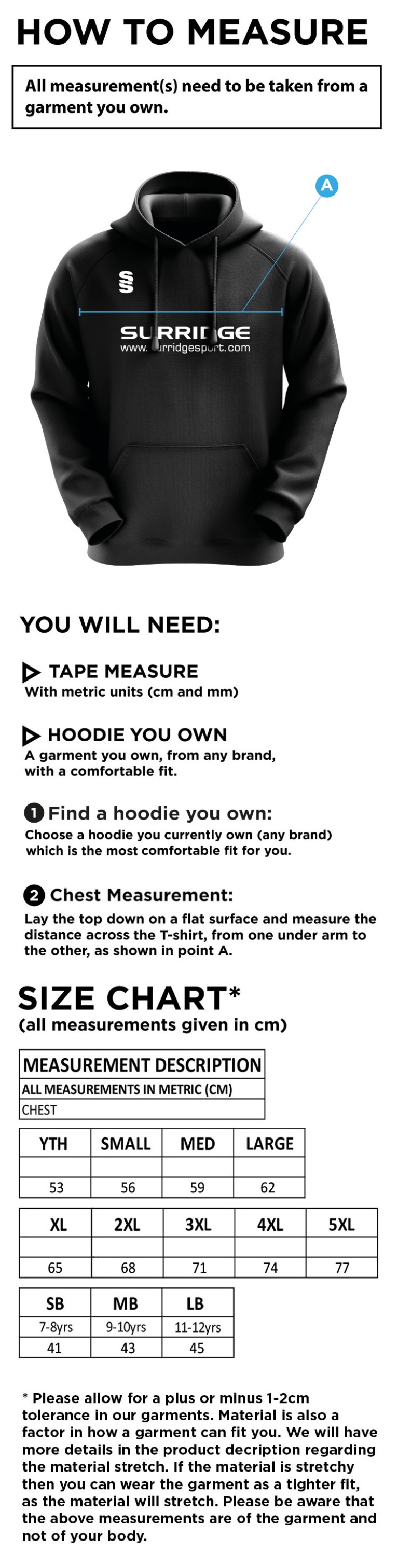Colton CC - Women's Team - Hoody - Size Guide
