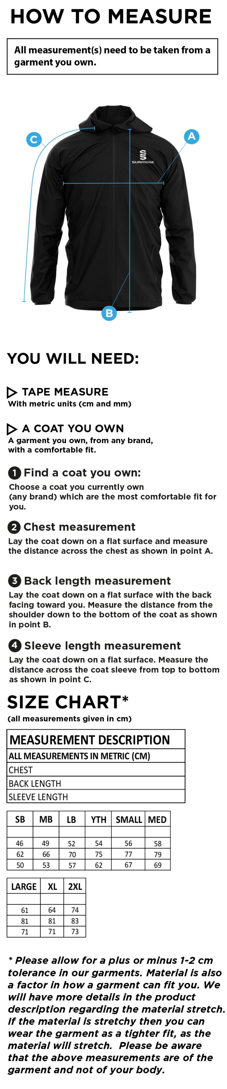 Colton CC - 1/4 Zip Training Jacket - Unisex - Size Guide