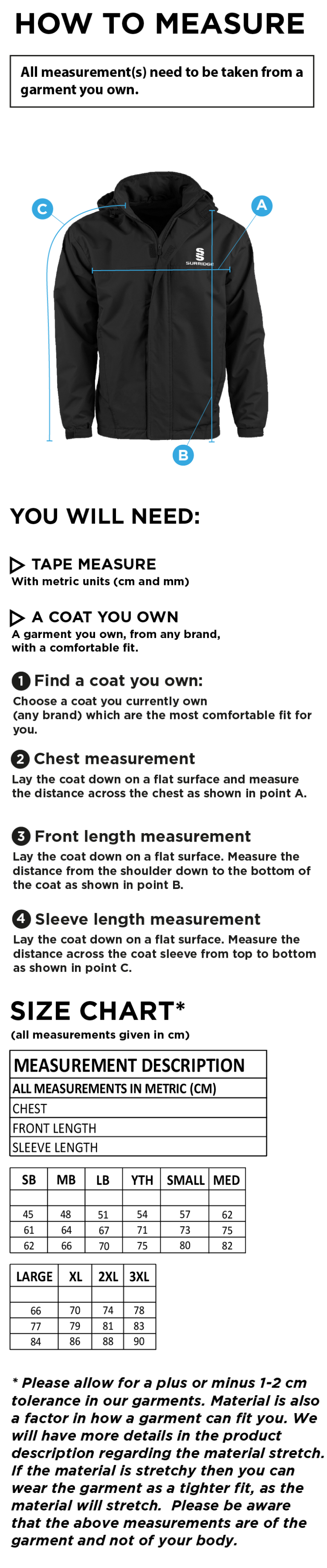 Colton CC - Fleeced Line Jacket - Size Guide